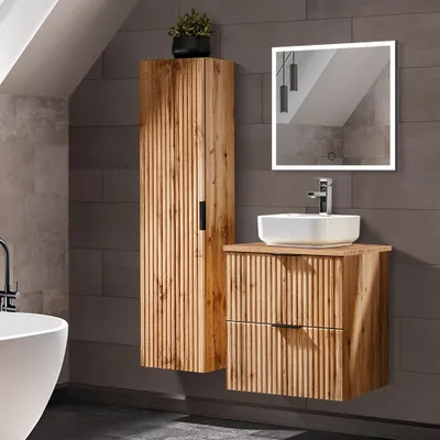Produktbild von Badezimmermöbel Set Wotaneiche mit Rillenoptik LED-Spiegel & 60 cm Waschtisch-Unterschrank mit Waschbecken, Hochschrank