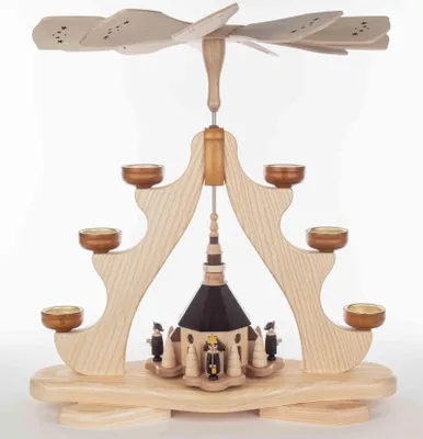 Produktbild von Tischpyramide Kurrende mit Seiffener Kirche und Teelichter HxLxB 42x16x47cm NEU