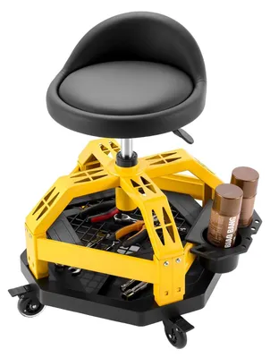 Produktbild von Rolling Shop Stool with Wheels, 500-650 mm Adjustable Height, 360° Swivel, 150 kg Capacity, Garage Work Mechanic Stool with Backrest, Tool Tray Storage, Padded Seat Shop Chair, Black/Yellow