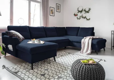 Produktbild von MIUFORM Stylish Stan - Ecksofa mit Bettfunktion und Bettkasten U-FORM RECHTS - 300x198cm - Velours Marineblau - Sofa Schlafsofa Couch