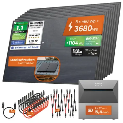 Produktbild von Solarway® All In One Balkonkraftwerk mit Speicher 3680W komplett Steckdose - 5,4 kWh Anker Solix 3 PRO Speicher