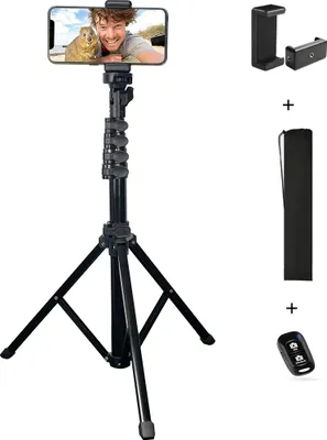 Produktbild von ZELURXX Faltbarer Selfie Stativ, Mit Handy Clip, Bluetooth Fernbedienung, Höhe 155 cm, für Handys/Mikrokameras/Fülllicht, 8,6 x 5,3 x 43,5 cm, Schwarz