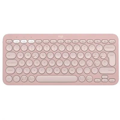 A top-down view of a rose-colored Logitech K380 Bluetooth keyboard on a white background.