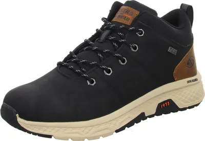 A black high-top sneaker with tan and brown accents.