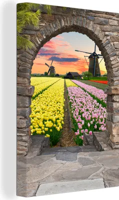 Produktbild von OneMillionCanvasses® - Leinwandbilder - 90x140 cm, Tulpen - Blumen - Mühle - Ansicht, - Geöffnetes Fenster - Fensterblick Schlafzimmer Kunstdruck Wanddekoration - Foto auf Leinwand - Gemälde auf Holzrahmen  - Wandschmucke - Schlafzimmer