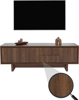 A TV stand with decorative items on top, set against a white background. A magnified view of the textured surface is shown in the lower right corner.