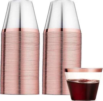 Zdjęcie produktu dla zestaw 60 plastikowych kubków LATERN 270 ml z obwódką w kolorze różowego złota Eleganckie kubki imprezowe