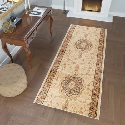 Produktbild von Läufer Teppich Meterware Flur Wohnzimmer Schlafzimmer Kurzflor Braun Beige Klassisch Design Meliert 120 x 100