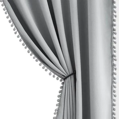 Image de Rideaux d'obscurcissement gris avec pompons, 2 x 140 x 225 cm, en microfibre de polyester, isolants thermiquement et réduisant les bruits, idéaux pour les chambres et les salons