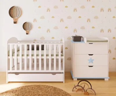 Immagine prodotto di ZEE STAR Set Cameretta Neonato Lettino 120x60 Con Cassetto E Cassettiera Fasciatoio Design Scandinavo Mobile Neonato Stella Blu