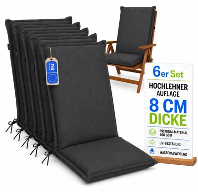 Zdjęcie produktu dla Pillows24 - 6x poduszki na krzesła z wysokim oparciem 120x50x8 cm | Wygodne i odporne na warunki atmosferyczne poduszki na krzesła ogrodowe | Poduszki na siedziska do mebli ogrodowych | Wyprodukowano w UE | Grafitowy