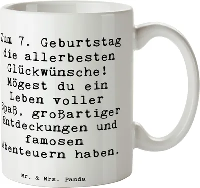 Produktbild von Mr. & Mrs. Panda Trinkbecher Spruch 7. Geburtstag - Weiß - Geschenk, Abenteuer zum, Happy Birthday, Tasse, Geburtstagsgeschenk, Alter, Teetasse, Becher, Pott, Kaffeetasse