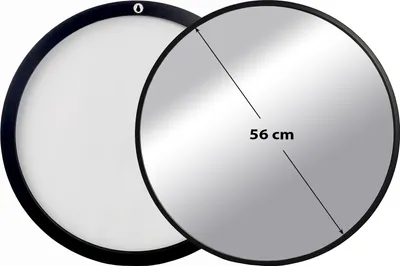 A round mirror with a black frame is shown, with a measurement indicating its diameter.