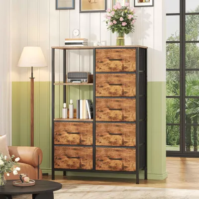Productafbeelding van Zimilo commode met 7 lades en 2 open vakken, rustieke dressoir met metalen frame, opbergkast voor de slaapkamer, 80x30x116 cm