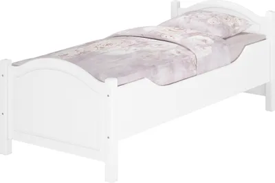 A white single bed with a floral duvet and pillow, shown from a side angle against a white background.