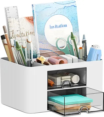 Produktbild von PAMIYO Schreibtisch Organizer 7 Fächer Plastik Büro Organizer, Multifunktionaler Stiftehalter Schreibtisch mit Schublade,Tisch Organizer aus Kunststoff, Stifteköcher für Büro Zuhause Schule (Weiß)