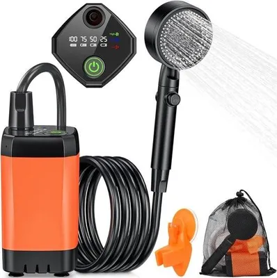 Immagine prodotto di Set doccia da campeggio ricaricabile - Doccia elettrica da spiaggia - Pompa doccia da esterno con display digitale intelligente - Ugello per doccia da campeggio - Doccia da esterno - Escursioni, viaggi, lavaggi - Arancione