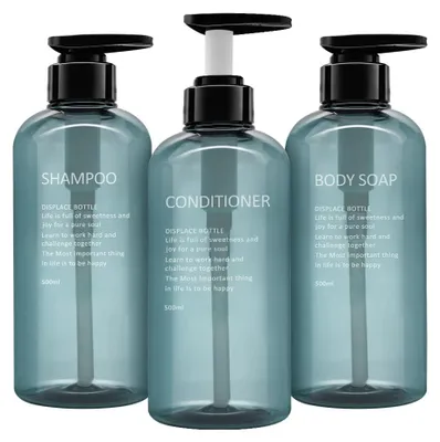 Image de Lot de 3 flacons de shampoing de 500 ml avec pompe, flacon distributeur de savon vide en plastique avec pompe pour la salle de bains, la cuisine ou l'hôtel, distributeur rechargeable pour lotion, gel douche et après-shampoing.
