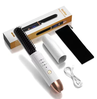 Image de INF Brosse lissante sans fil rechargeable en céramique avec base de chargement — 3 températures (160-200 °C), 5 000 mAh, contrôle des frisottis par ionisation Blanc