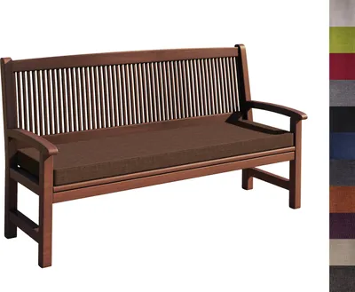 A brown wooden bench with a brown cushion, shown against a white background.