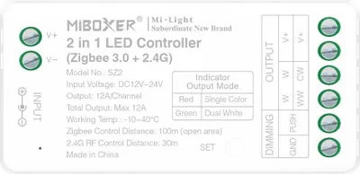 Produktbild von MiBoxer SZ2 2-in-1 LED-Controller – Zigbee 3.0  und  2.4 GHz, Einfarbig  und  CCT, 12–24 V, 12 A, Push Dimming