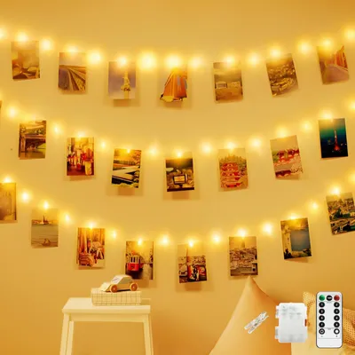 Productafbeelding van 100 LED fotoclip-lichtslinger - 10 m batterijgevoede kerstverlichting met 50 clips - 8 modi kerstverlichting - Bruiloft