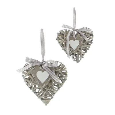 Immagine prodotto di 2 appendini decorativi cuore salice grigio casa di campagna - decorazione matrimonio