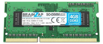 Produktbild von BRAINZAP 4GB DDR3 RAM SO-DIMM PC3L-12800S-11-13-B4 1Rx8 1600 MHz 1.35V CL11 Notebook Laptop Arbeitsspeicher