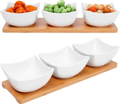 Produktbild von Porzellanschälchen Schüssel Schale Schälchen Saucenschälchen Dipschälchen Servierschüssel Servierset Schüsselset mit Bambusbrett 4-tlg.