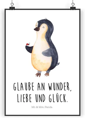 Produktbild von Mr. & Mrs. Panda Bild Pinguin Marienkäfer DIN A3 - Weiß - Geschenk, Liebe, Aufmerksam, wanddeko, Glück, drucke, Kunstdruck, Wandbild, Kleine Wunder, poster