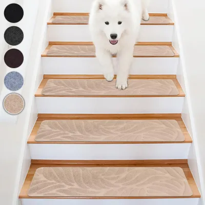 Imagen del producto de Inovra - Alfombras antideslizantes para escaleras - Adhesivas - Juego de 15 unidades - Cortables - Beige - 65 x 20 cm - Ideales para mascotas y personas mayores - Alfombra para escaleras