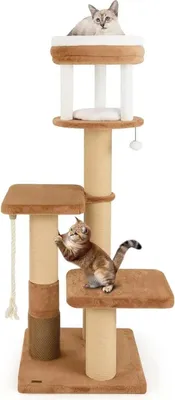 Image de Arbre à chat - Arbre à grimper - 5 niveaux - Bois - Corde en sisal - Plateformes et lit pour chat - Jouets et brosse pour poils - Blanc