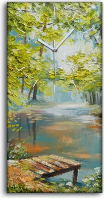Produktbild von Leinwand Wanduhr Wandkunst Uhr Quarz 30x60 Ölgemälde Wald Bäume Fluss Natur - weiße Hände