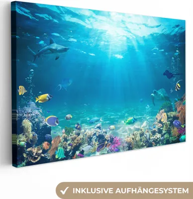 Obrázek produktu pro OneMillionCanvasses® - Obrazy na plátně - Podmořský svět - Voda - Korály - Modrá, nástěnné umění, nástěnné dekorace Obývací pokoj, 120x80cm
