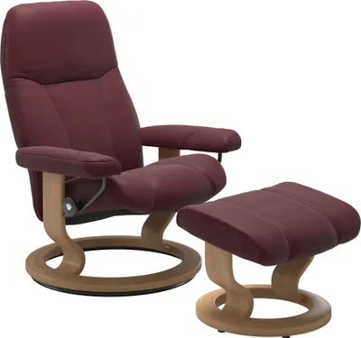 Produktbild von Stressless® Relaxsessel Consul M Classic, mit Hocker, Leder Batick bordeaux, Holz eichefarben gebeizt, Qualitätsmöbel aus Norwegen