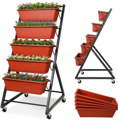Obrázok produktu pre Vysoký záhradný záhon, 56 x 64 x 121 cm, 5-dielny záhon s odvodňovacími otvormi, vertikálny záhon, voľne stojaci, záhon na zeleninu, bylinky a kvety