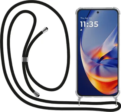 A transparent phone case with a black lanyard attached, shown next to a smartphone.
