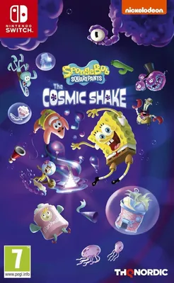 Promotional artwork for the SpongeBob SquarePants: The Cosmic Shake video game, featuring characters from the show in a colorful, cosmic setting.