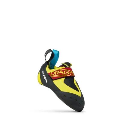 Drago Kid Kletterschuhe von Scarpa in Gelb und Schwarz mit rotem Schriftzug und blauer Schlaufe.