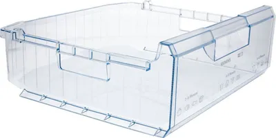 A clear plastic refrigerator drawer with blue accents and handle.