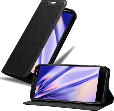 A black flip case for a Nokia 3.1 phone is shown, with the phone inside and its screen displaying a colorful abstract image. The case is shown in two positions: one closed and angled, and another open with the phone standing upright.