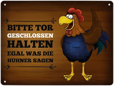 Produktbild von Metallschild XL mit Hahn Motiv und Spruch: Bitte Tor geschlossen halten ...