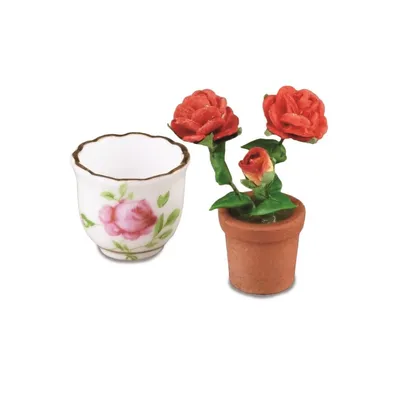 Imagen del producto de Maceta en miniatura con un racimo de rosas, ideal para coleccionistas y casas de muñecas
