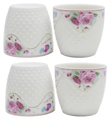 Produktbild von Keramik-Tassen-Set 4 Stück Weiß Blumen Punktdesign 150ml