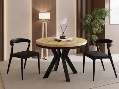 Produktbild von Runder Esstisch Ausziehbar 80-130 cm – Verlängerbar, für 4-6 Personen mit Schwarzen Holzbeinen & Metallring – Tisch für Wohnzimmer & Esszimmer in Eiche Artisan Hellbraun