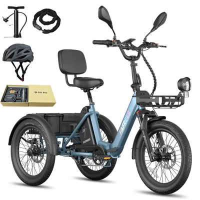 Produktbild von E Dreirad 48 V 21 Ah Akku, 85 km Reichweite, 180 kg Zuladung, hydraulische Scheibenbremsen, Blinker, 40 kg Heckkorb, Blau