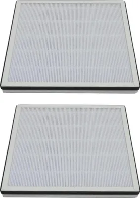 Two air filters are stacked on top of each other against a white background.