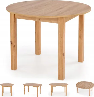 A round wooden dining table with four legs, shown from a slightly elevated angle against a white background. Below the main image are four smaller images of the table in different configurations or sizes.