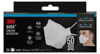 Produktbild von 3M Atemschutzmasken Aura™ 9320+ FFP2 NR D EN 149:2001, A1:2009, 3 St.