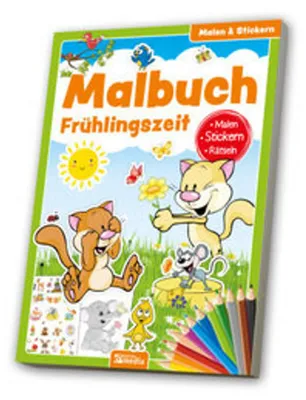 Obrázok produktu pre Malbuch Frühlingszeit A4 mit 32 abwechslungsreichen, kindgerechten Malvorlagen und Stickerbogen